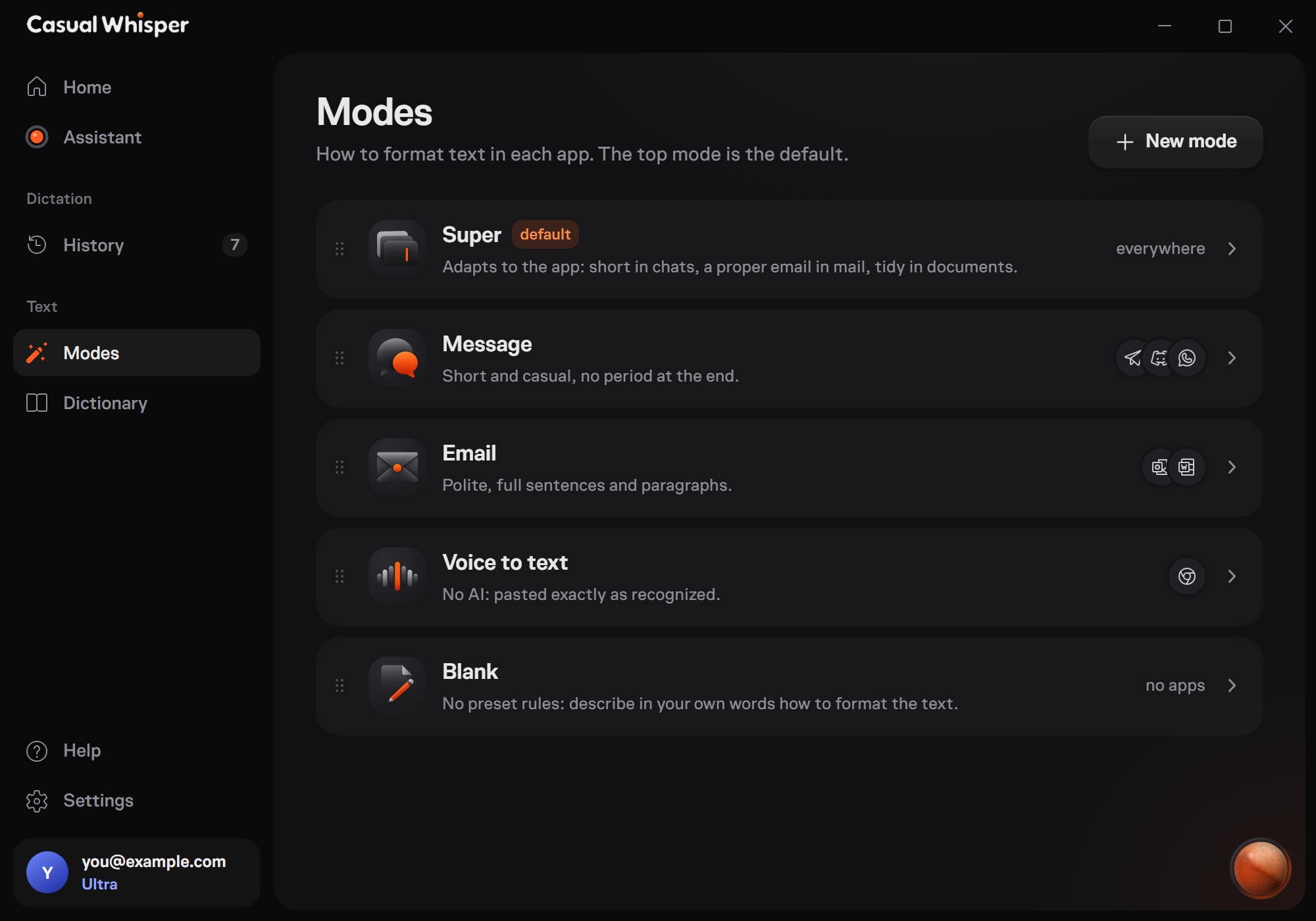 Casual Whisper, Modes screen: Super, Message, Email, Voice to text, Blank.
